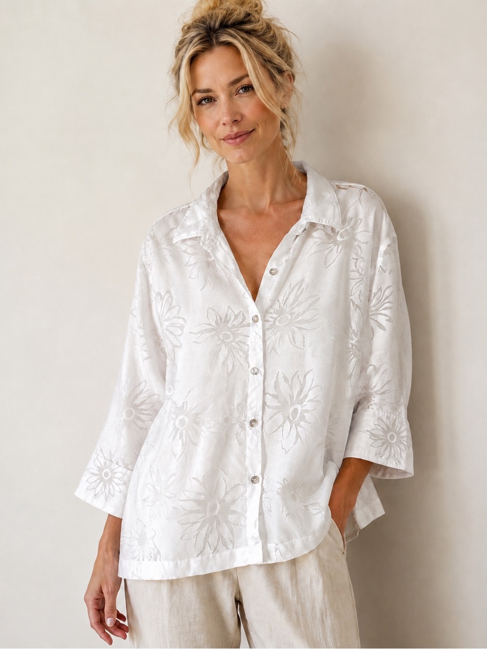 Mirasol White Floral Burnout Button-Front Blouse